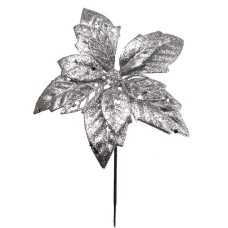 5 Inch Silver Glittered Poinsettia Pick (lot of 12) SALE ITEM